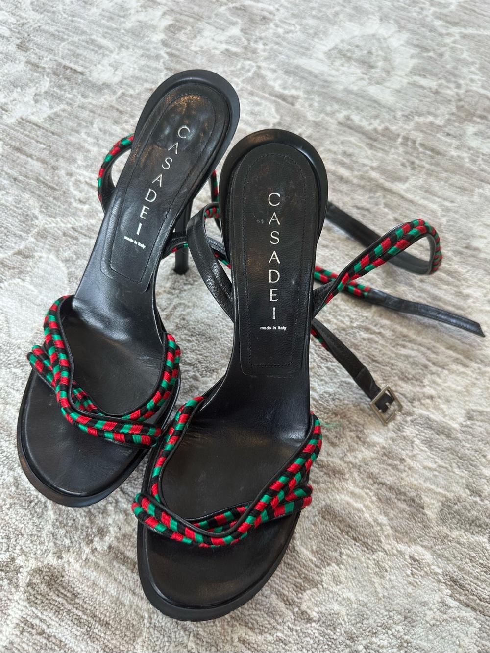 Casadei Vintage Y2K Red Green Braided Black Leather Strappy Stiletto Heels (8.5)
